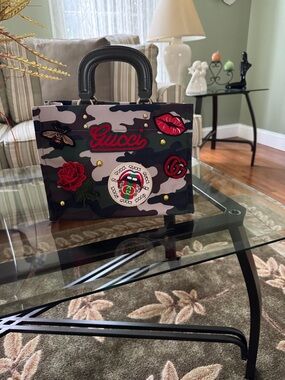 Designer-Inspired Camouflage Tote with Embroidered Patches - Black/Green